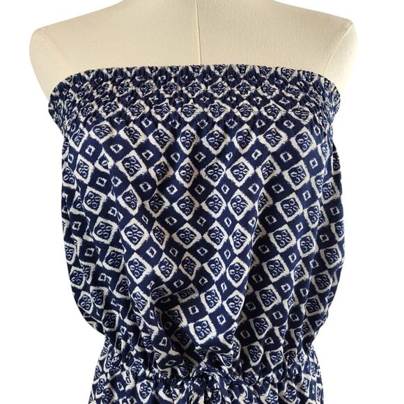 Ocean Club X-Small Blue White Geometric Romper Off Shoulder Smocked Tie Waist - Picture 7 of 14